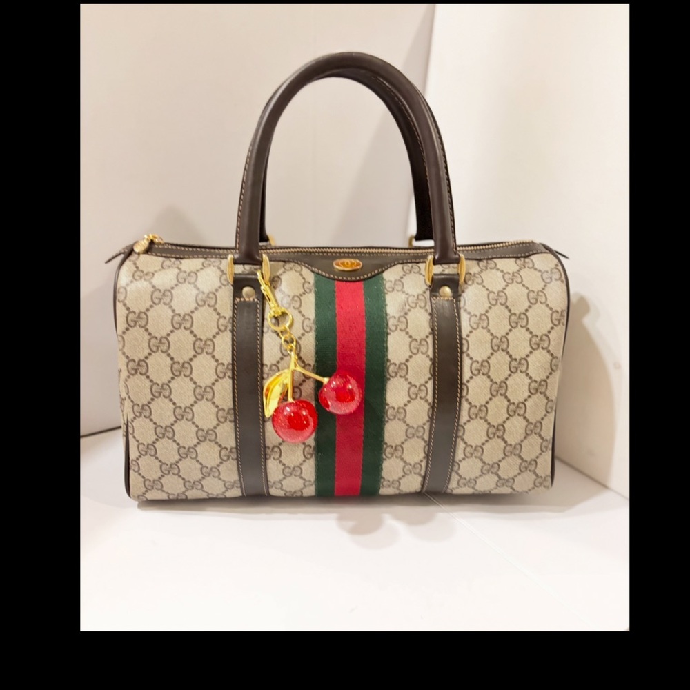 Gucci Beige and Brown Satchel with Red and Green Stripe